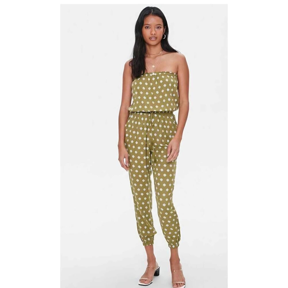 Forever 21 Medallion Print Sleeveless Tube Jumpsuit Olive Green Size Small